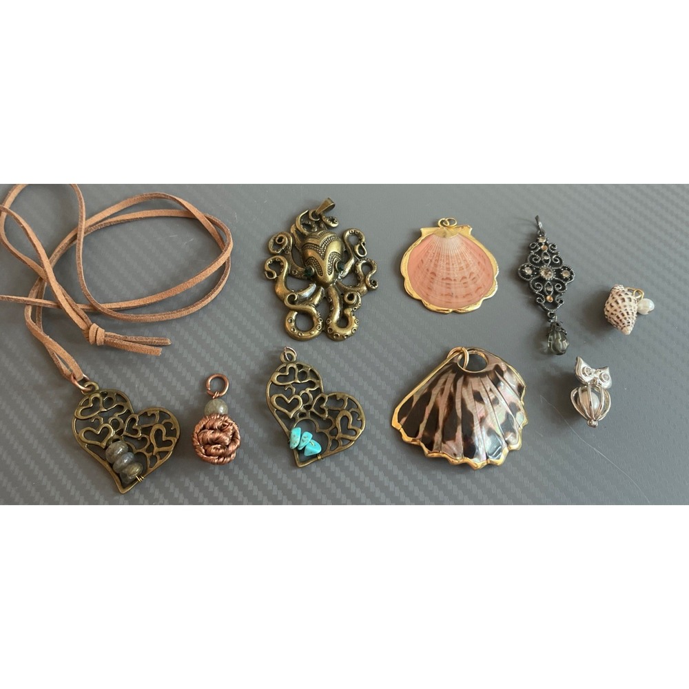 Lot of 9 Pendants Octopus Owl Shells Heart Gemstones Silver Gold Tone